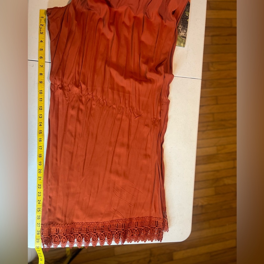 Bohemian Flowy Wide Leg Pants Rust Orange Women’s Size 26-28 Lace Hem pockets - Picture 11 of 12